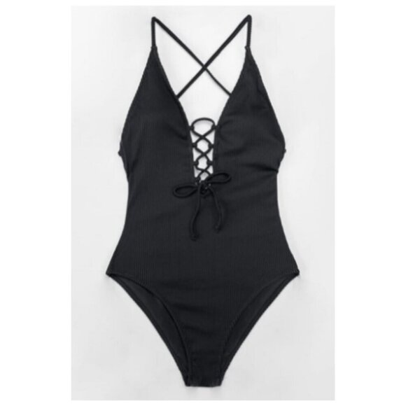 **Cupshe** Women's V Neck One Piece Swimsuit Lace Up Bathing S Black - Picture 5 of 9
